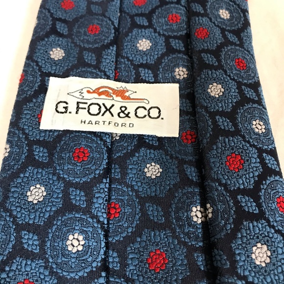 Blue Floral Neck Tie Polyester Circles Red White - Picture 4 of 8
